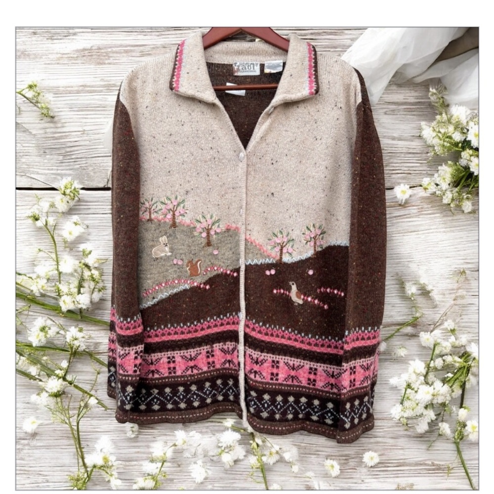 VTG Cottage-core Embroidered Appliquéd Cardigan Sweater-Adorable! Sz L EUC🌺 - Picture 2 of 16